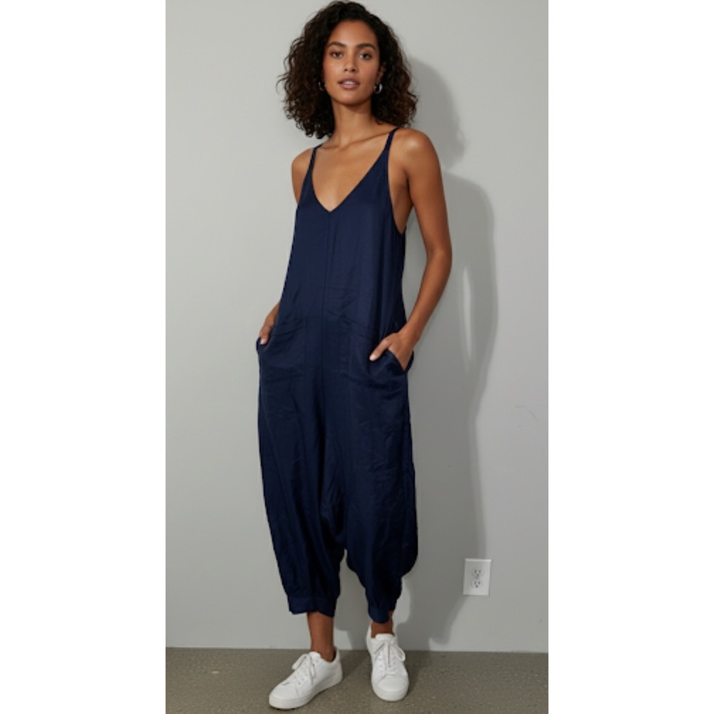 Sancia Womens Jumpsuit Size S Navy Blue V‎ Neck Sleeveless Pocketed Casual
